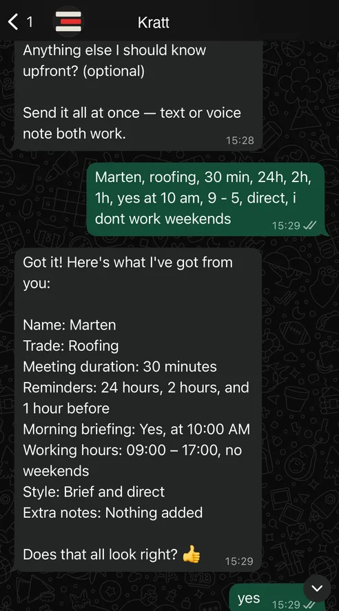 Onboarding: contractor texts trade preferences, Kratt confirms everything instantly