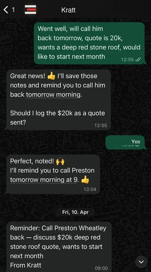 Quote captured: $20k roofing job noted, Kratt schedules a follow-up call for next morning